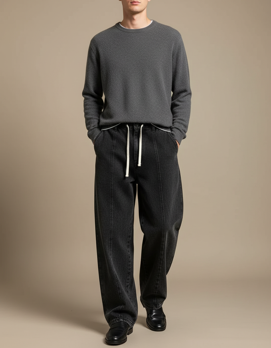 Pantalon Noir Ample Délavé Cordon Décontracté Homme - Jean