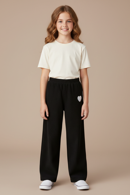 Pantalon Noir Côtelé Ample Décontracté Enfant Cœur - Cordé