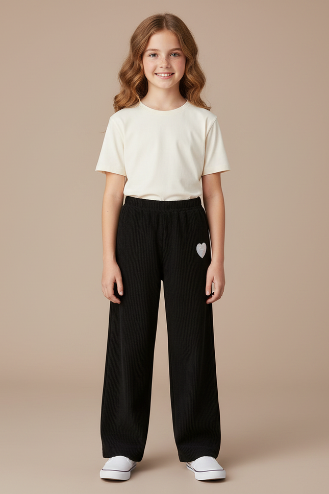 Pantalon Noir Côtelé Ample Décontracté Enfant Cœur - Cordé