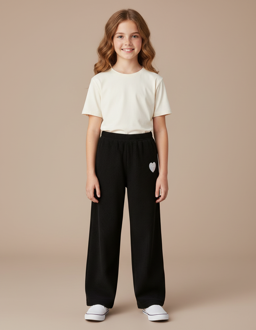 Pantalon Noir Côtelé Ample Décontracté Enfant Cœur - Cordé
