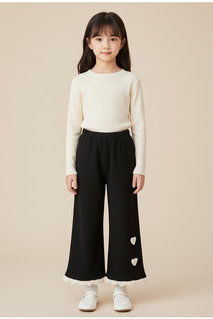 Pantalon Noir Fille Côtelé Ample Cœurs Dentelle - Maille