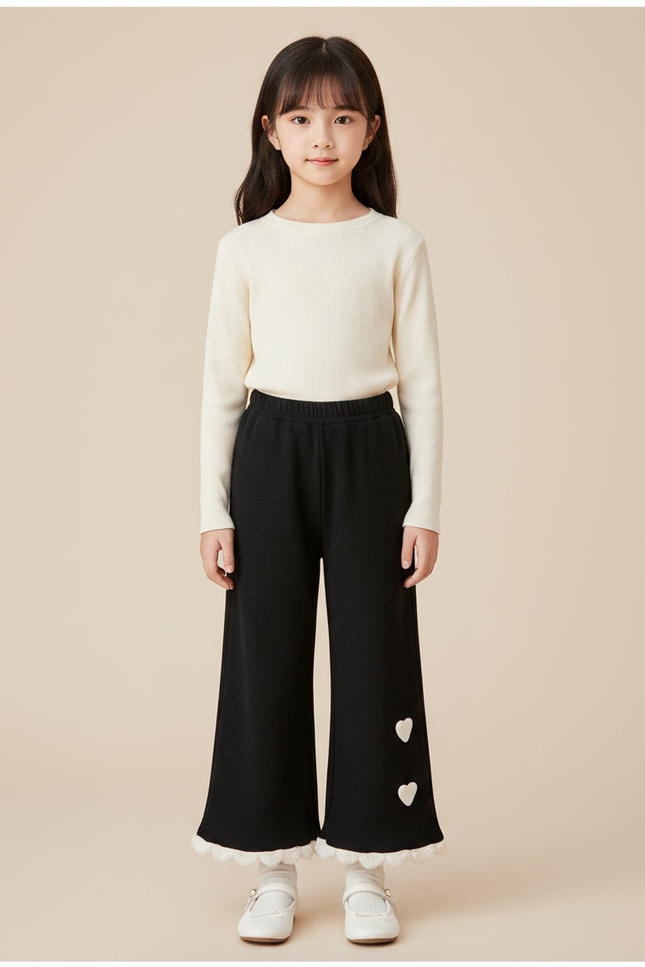 Pantalon Noir Fille Côtelé Ample Cœurs Dentelle - Maille