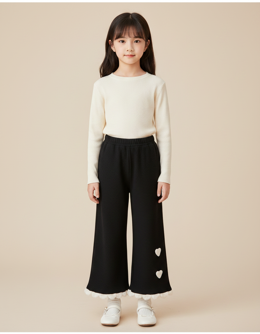 Pantalon Noir Fille Côtelé Ample Cœurs Dentelle - Maille