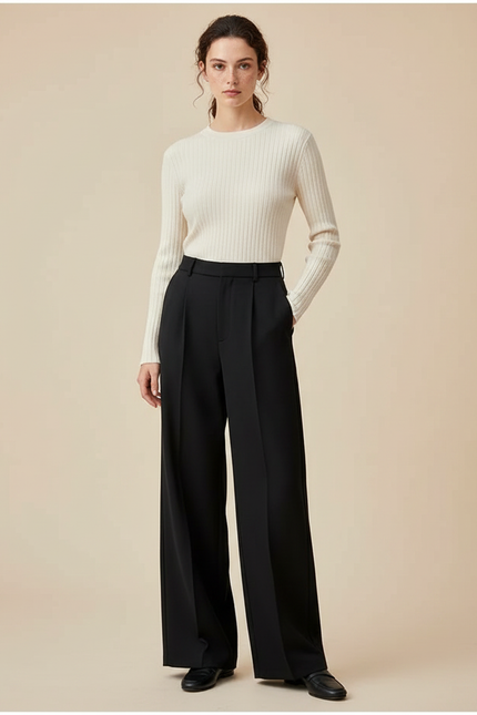 Pantalon Noir Large Taille Haute Fluide Décontracté Femme - Polyester