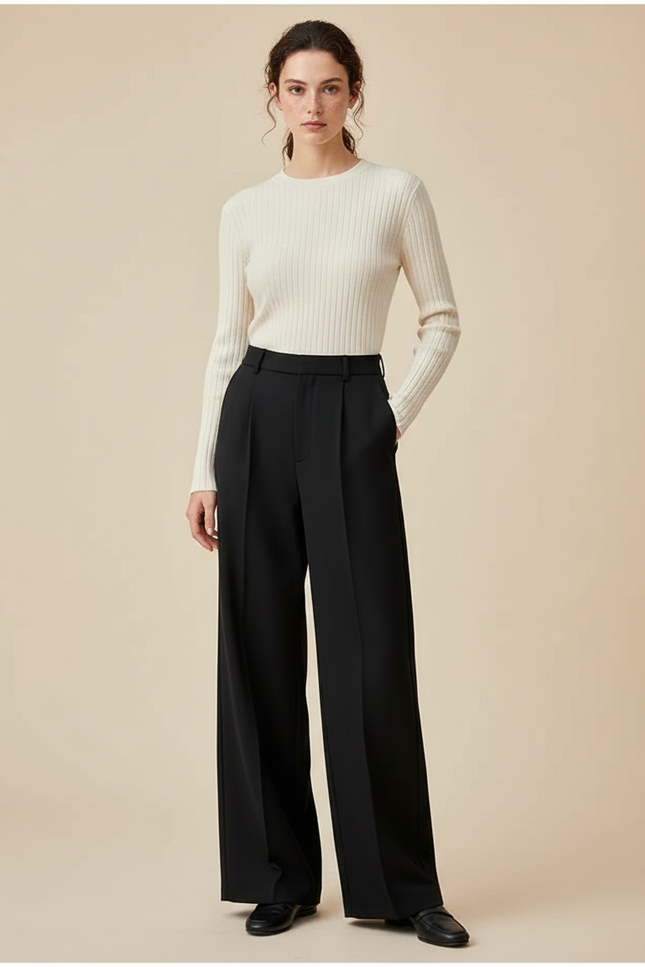 Pantalon Noir Large Taille Haute Fluide Décontracté Femme - Polyester