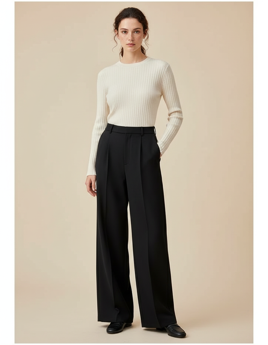 Pantalon Noir Large Taille Haute Fluide Décontracté Femme - Polyester