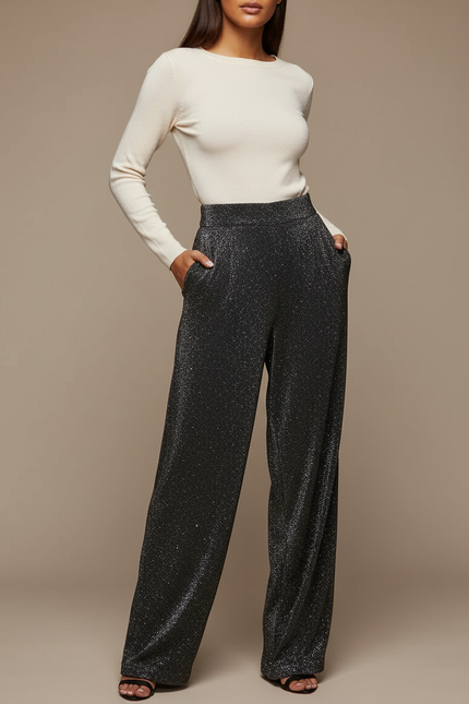Pantalon Noir Paillettes Large Évasé Femme - Polyester