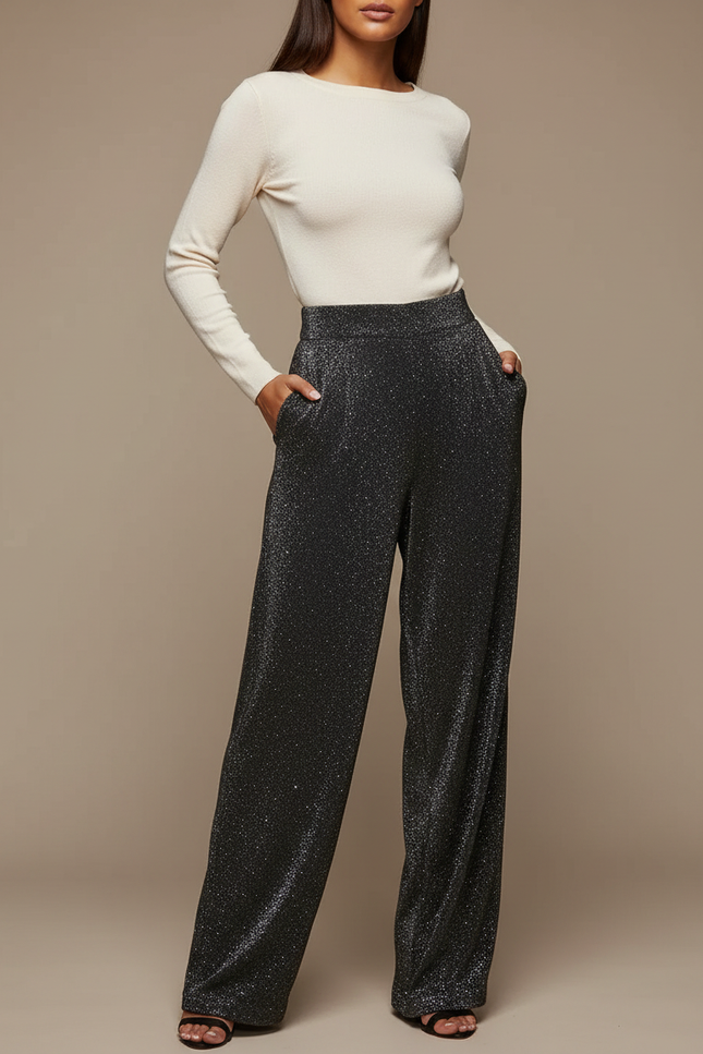 Pantalon Noir Paillettes Large Évasé Femme - Polyester
