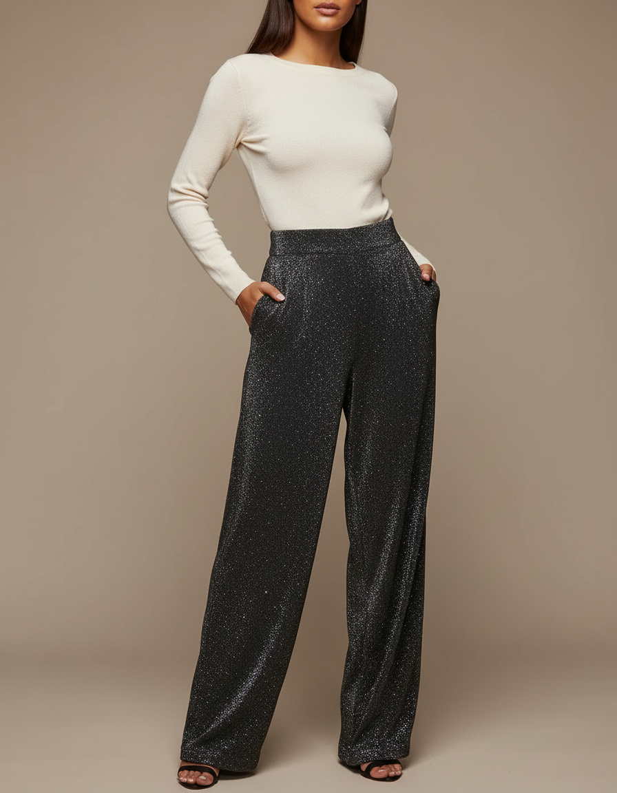 Pantalon Noir Paillettes Large Évasé Femme - Polyester