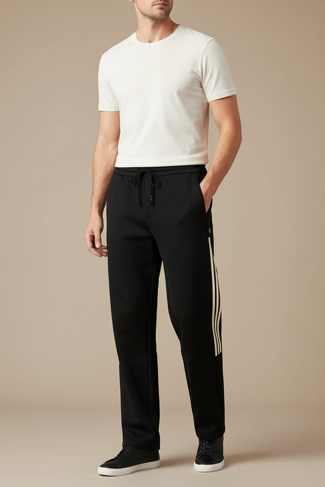 Pantalon Noir Droit Décontracté Sportif Rayures Latérales - Molleton