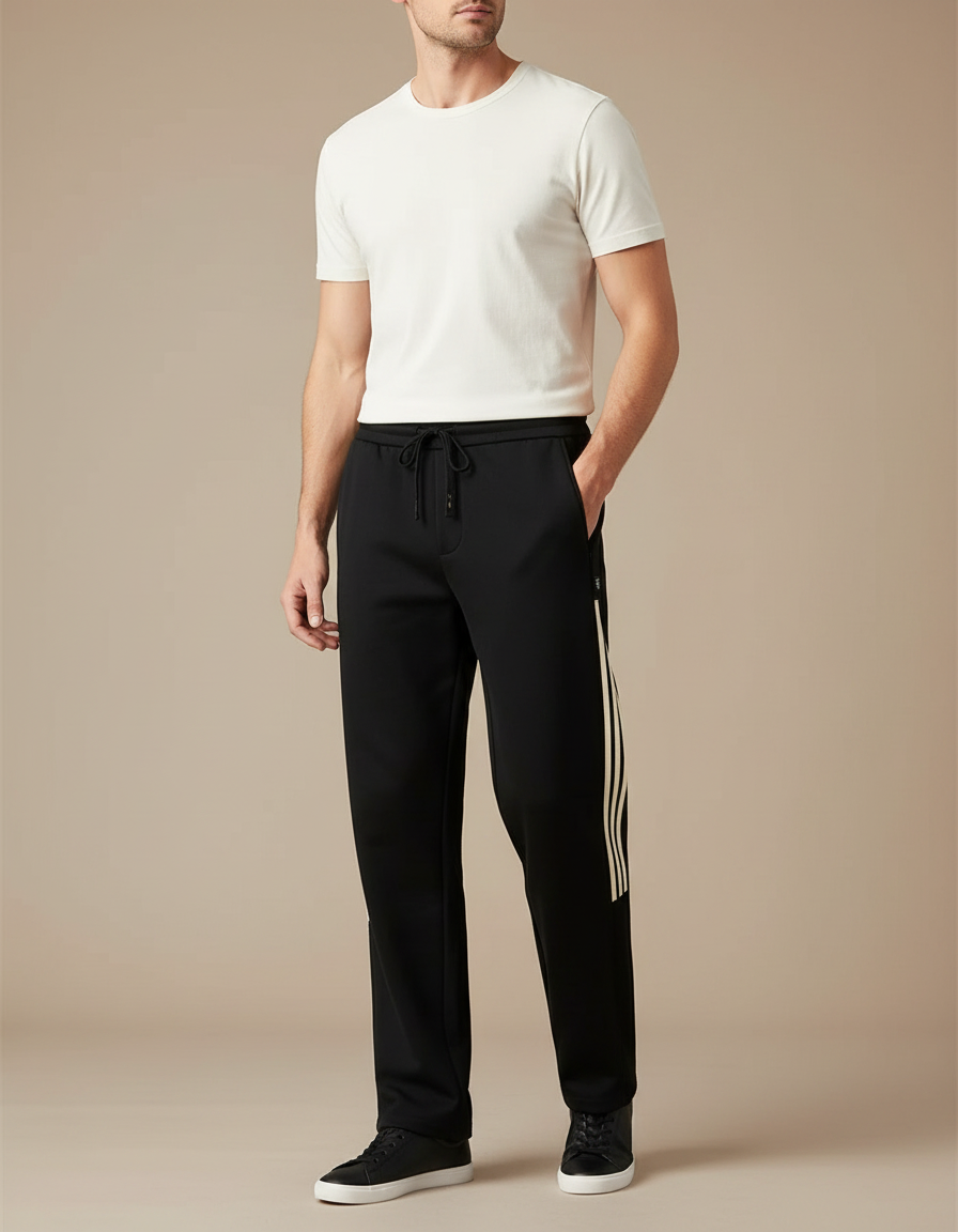 Pantalon Noir Droit Décontracté Sportif Rayures Latérales - Molleton