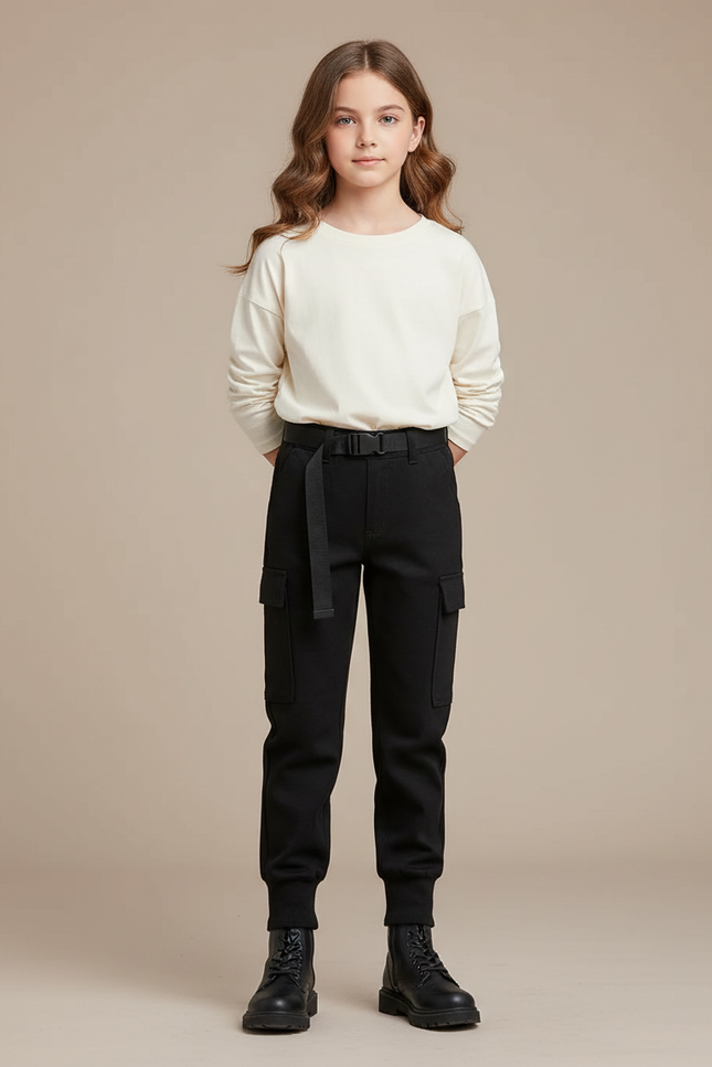 Pantalon Noir Cargo Ceinturé Décontracté Fille - Molleton