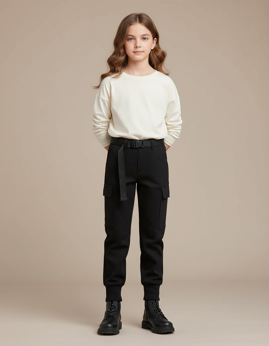Pantalon Noir Cargo Ceinturé Décontracté Fille - Molleton