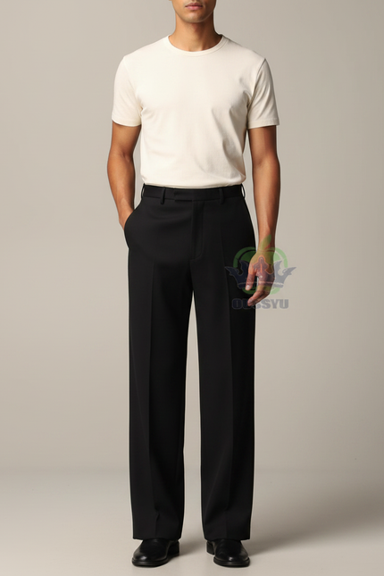 Pantalon Noir Ample Droit Élégant Homme - Polyester