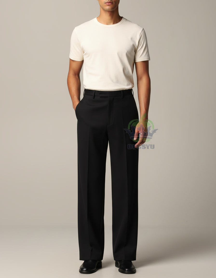 Pantalon Noir Ample Droit Élégant Homme - Polyester