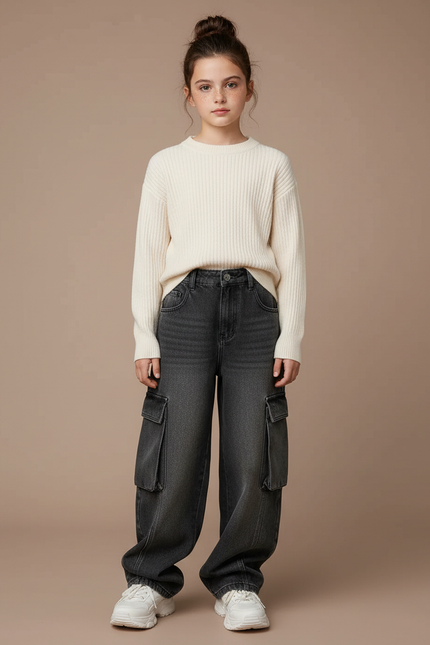 Pantalon Noir Cargo Ample Denim Enfant - Gris Jean