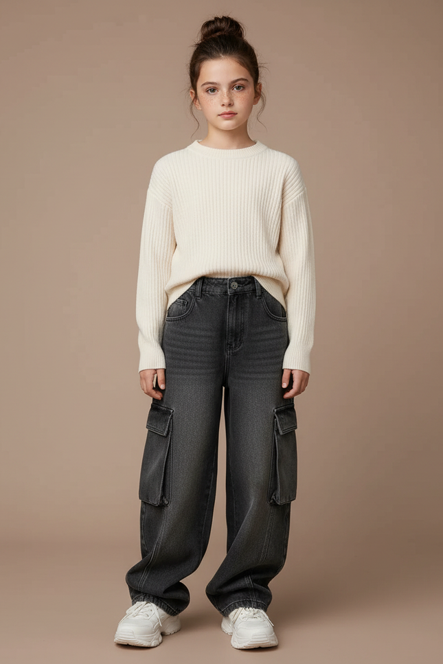 Pantalon Noir Cargo Ample Denim Enfant - Gris Jean