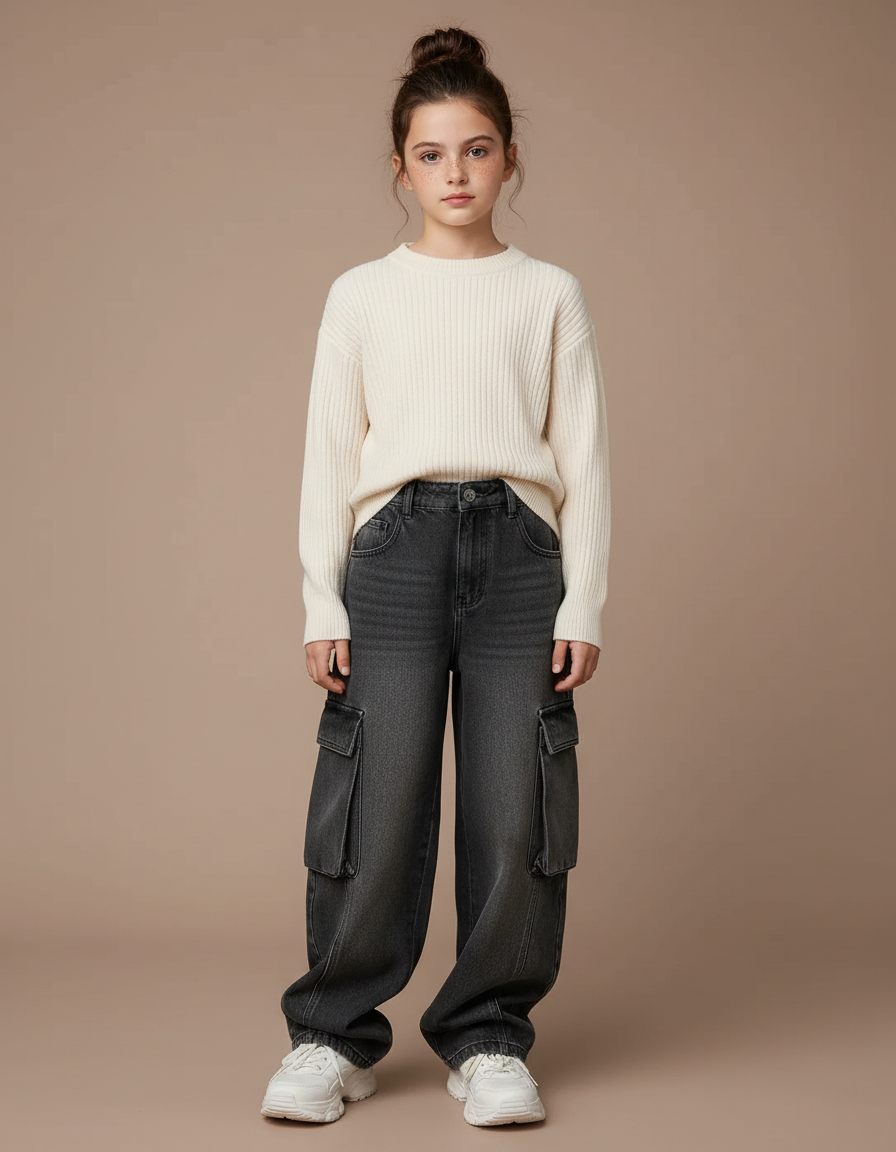 Pantalon Noir Cargo Ample Denim Enfant - Gris Jean