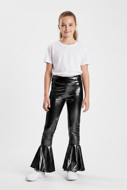 Pantalon Noir Brillant Évasé Fille Disco - Simili cuir