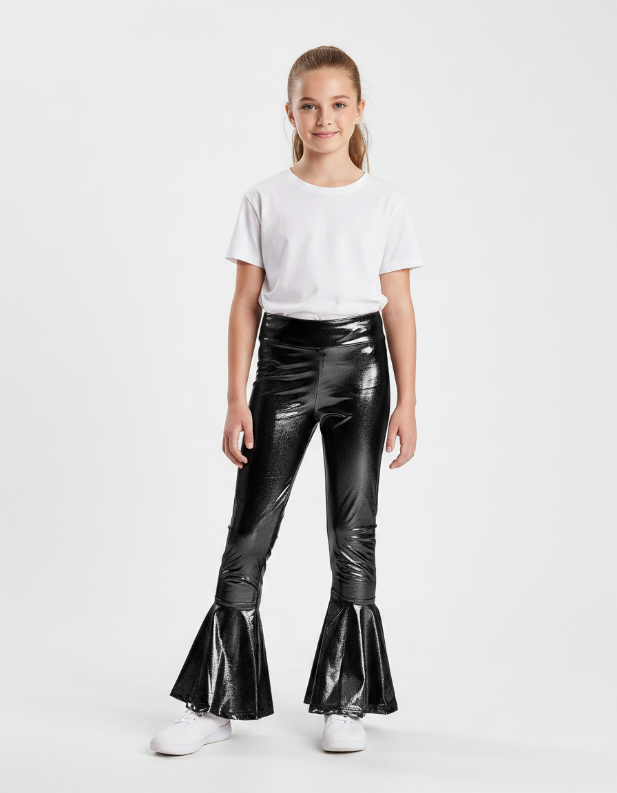 Pantalon Noir Brillant Évasé Fille Disco - Simili cuir