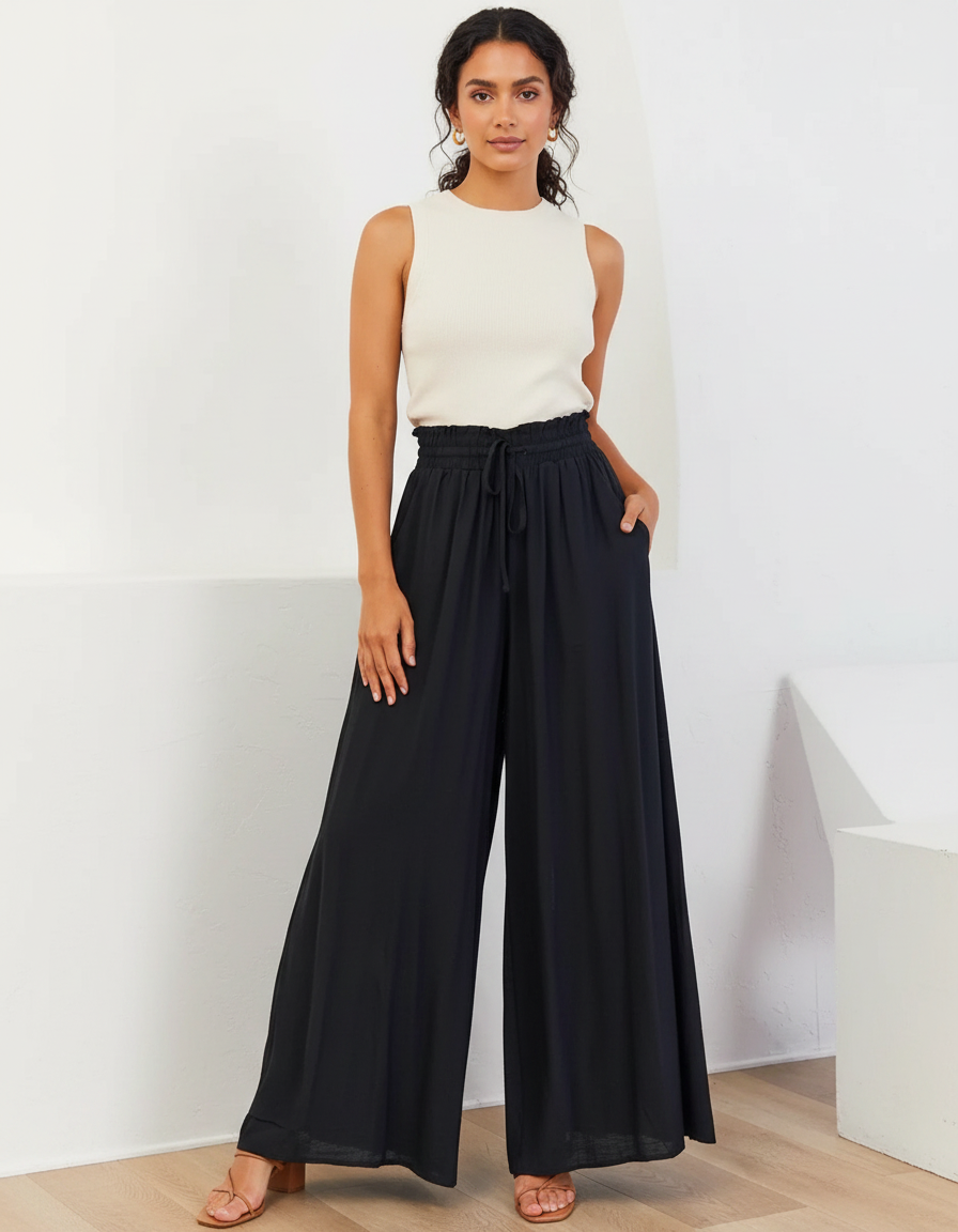 Pantalon Crêpe Noir Taille Élastique - Viscose
