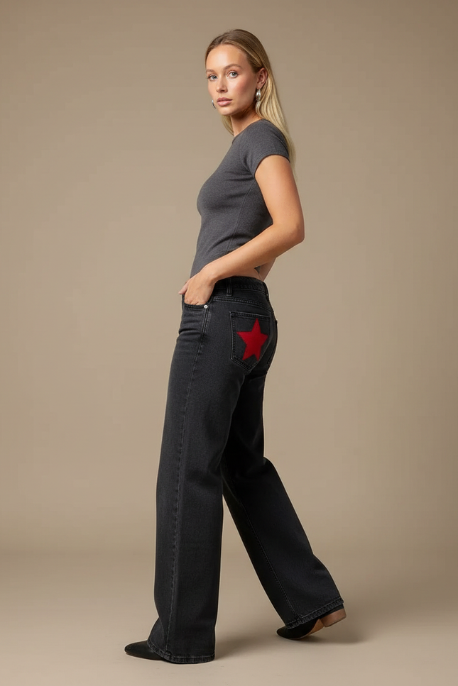Pantalon Noir Large Étoile Décontracté Femme - Jean