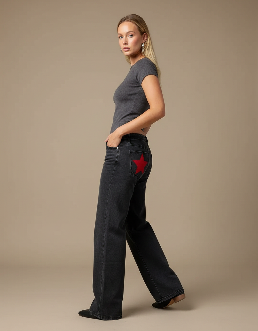 Pantalon Noir Large Étoile Décontracté Femme - Jean