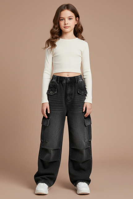 Pantalon Noir Cargo Ample Denim Fille - Jean