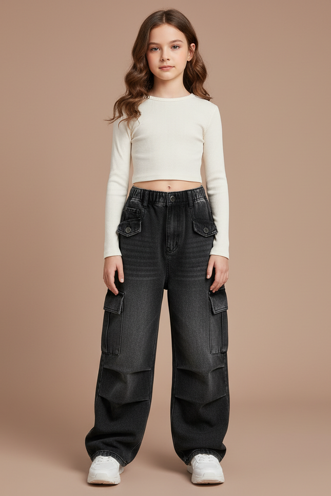Pantalon Noir Cargo Ample Denim Fille - Jean