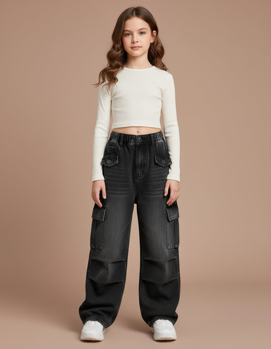 Pantalon Noir Cargo Ample Denim Fille - Jean