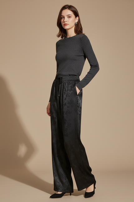 Pantalon Noir Satiné Large Fluide Imprimé Élégant