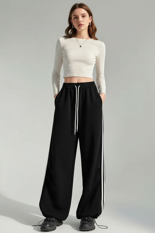Pantalon Noir Ample Rayures Blanches Décontracté Sportif - Molleton