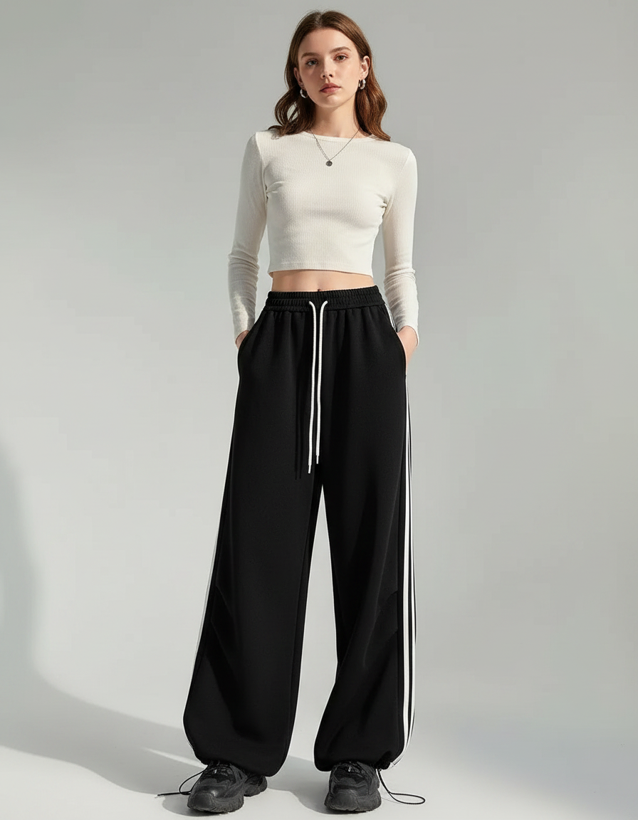 Pantalon Noir Ample Rayures Blanches Décontracté Sportif - Molleton