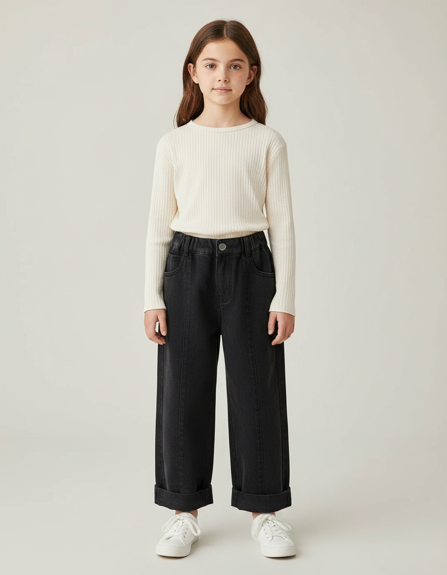 Pantalon Noir Ample Épais Coton Fille - Jean