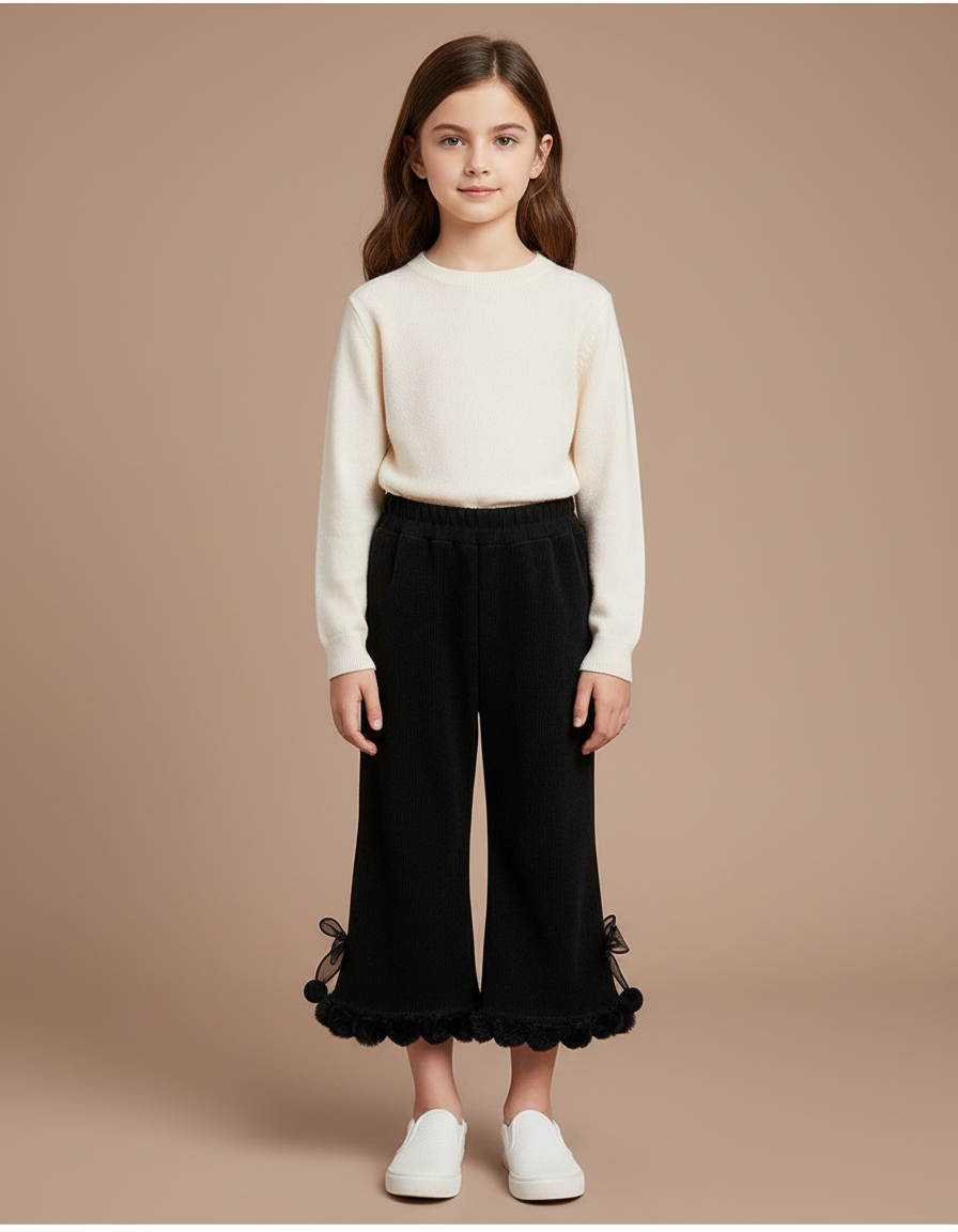 Pantalon Noir Évasé Velours Côtelé Enfant Hiver - Cordé
