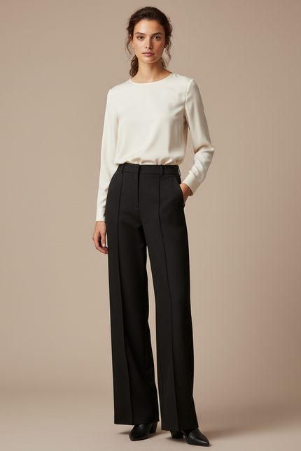 Pantalon Noir Large Fluide Élégant Taille Haute - Polyester