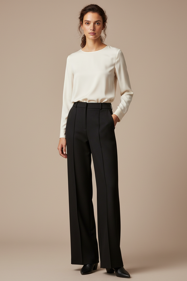Pantalon Noir Large Fluide Élégant Taille Haute - Polyester
