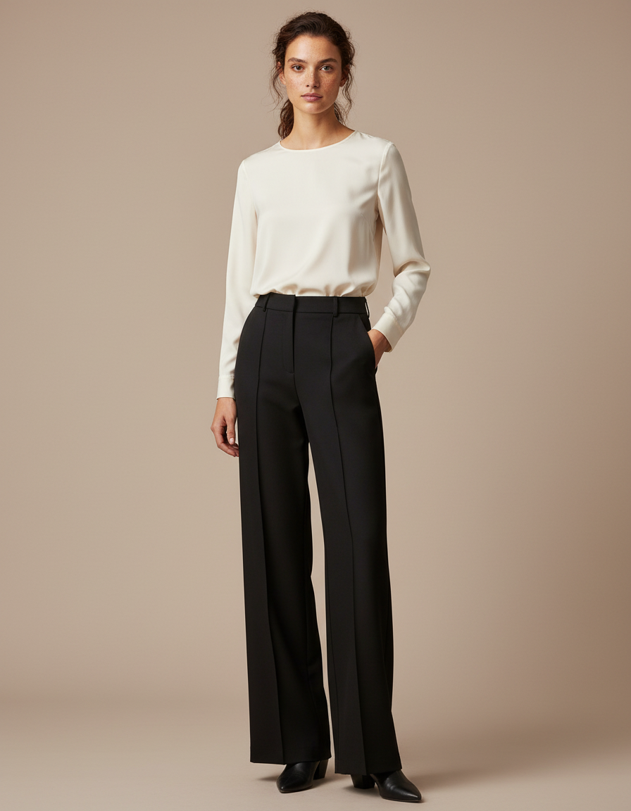 Pantalon Noir Large Fluide Élégant Taille Haute - Polyester