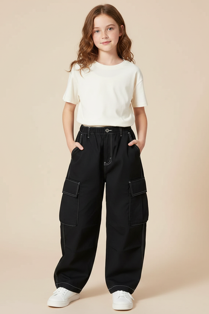Pantalon Noir Cargo Ample Streetwear Fille - Toile