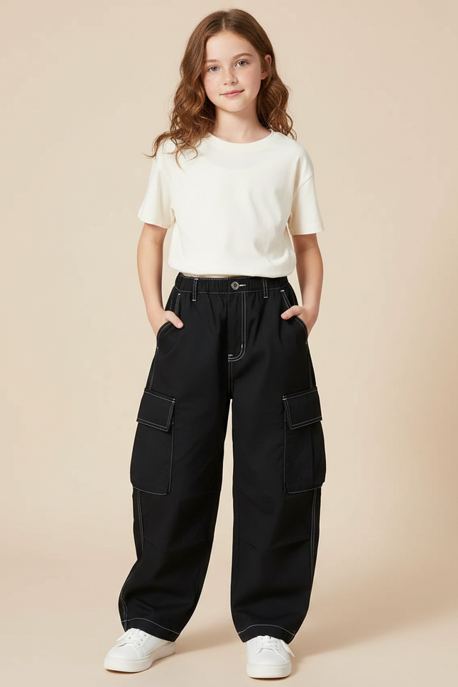 Pantalon Noir Cargo Ample Streetwear Fille - Toile