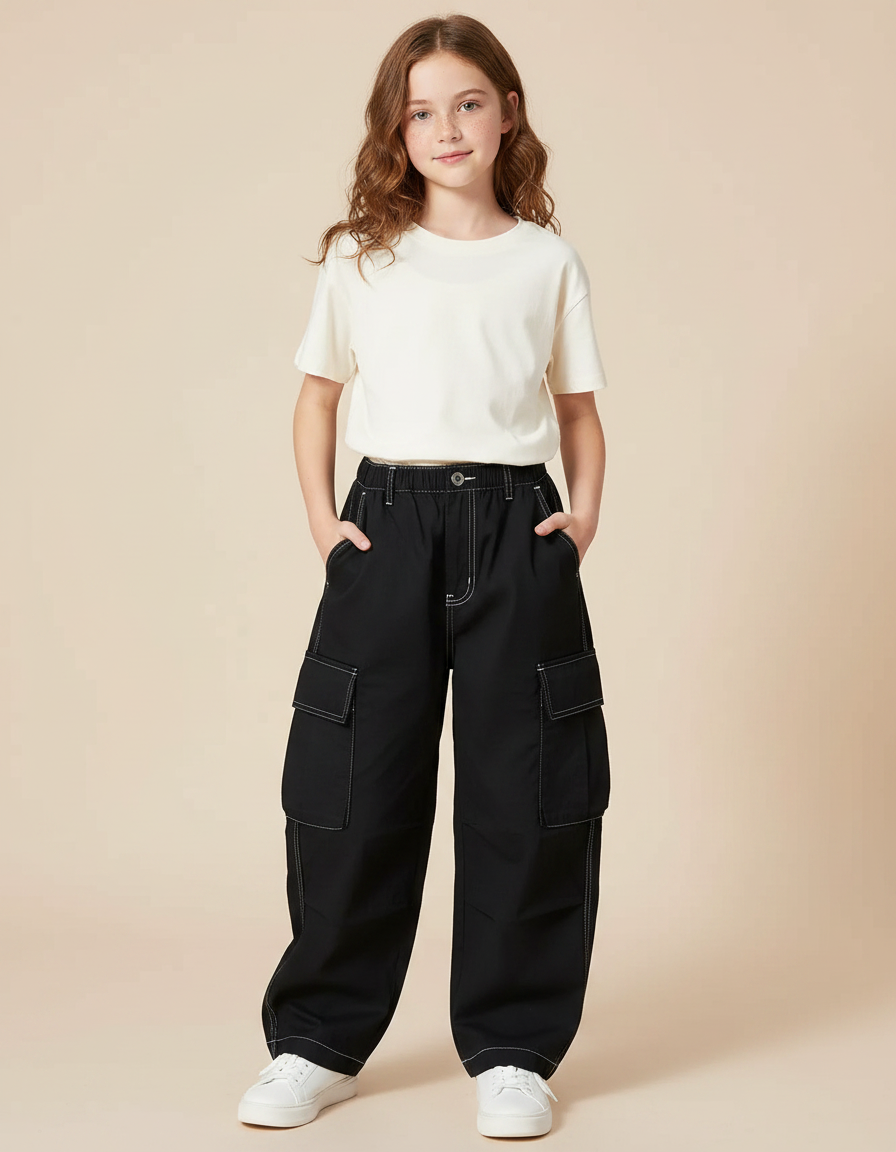 Pantalon Noir Cargo Ample Streetwear Fille - Toile