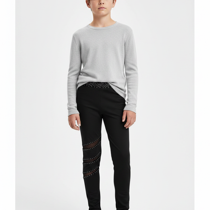 Pantalon Noir Enfant Strass Maille Fille Garçon - Polyester