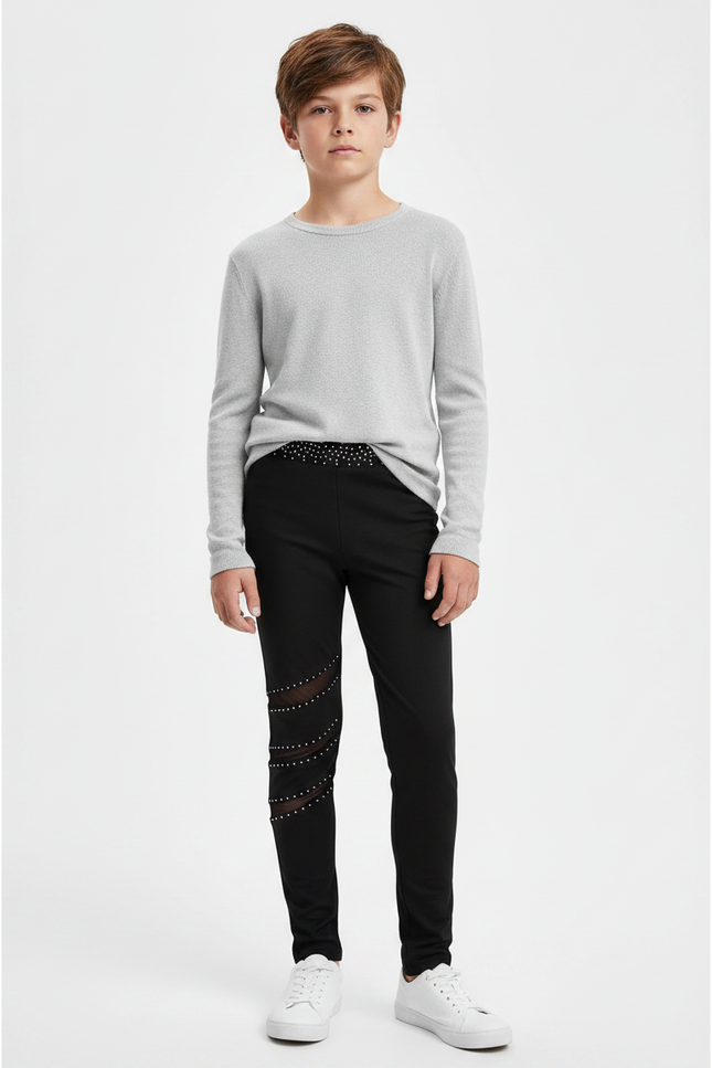 Pantalon Noir Enfant Strass Maille Fille Garçon - Polyester