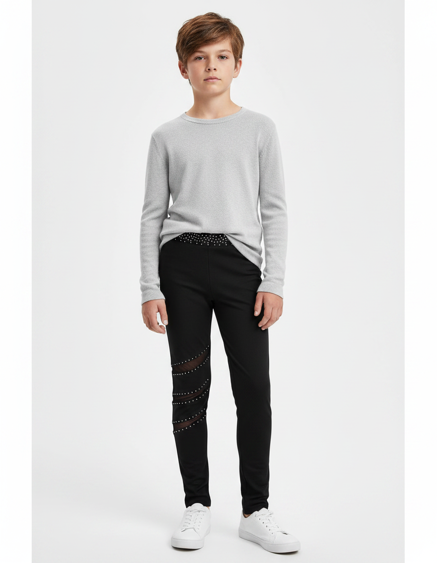 Pantalon Noir Enfant Strass Maille Fille Garçon - Polyester