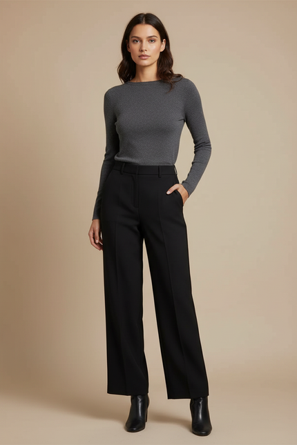 Pantalon Noir Large Fluide Taille Haute Élégant - Polyester