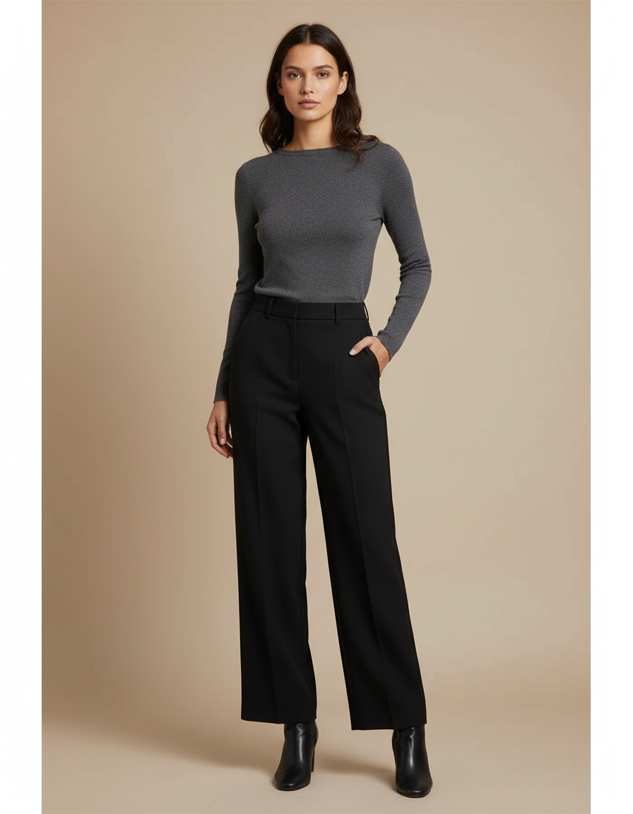 Pantalon Noir Large Fluide Taille Haute Élégant - Polyester