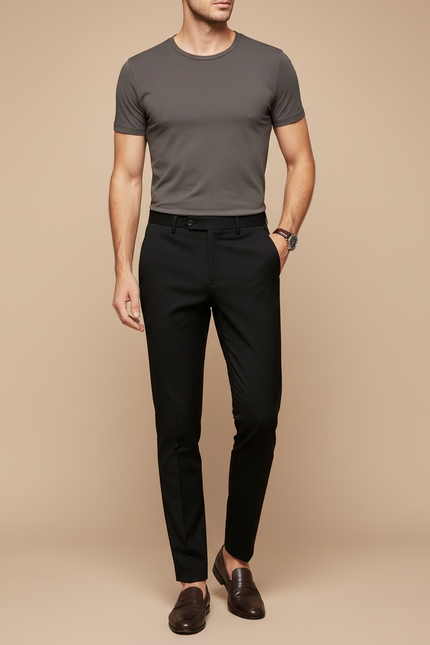 Pantalon Noir Homme Élégant Ajusté Droit Formel - Polyester