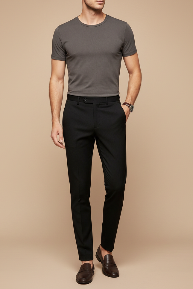 Pantalon Noir Homme Élégant Ajusté Droit Formel - Polyester
