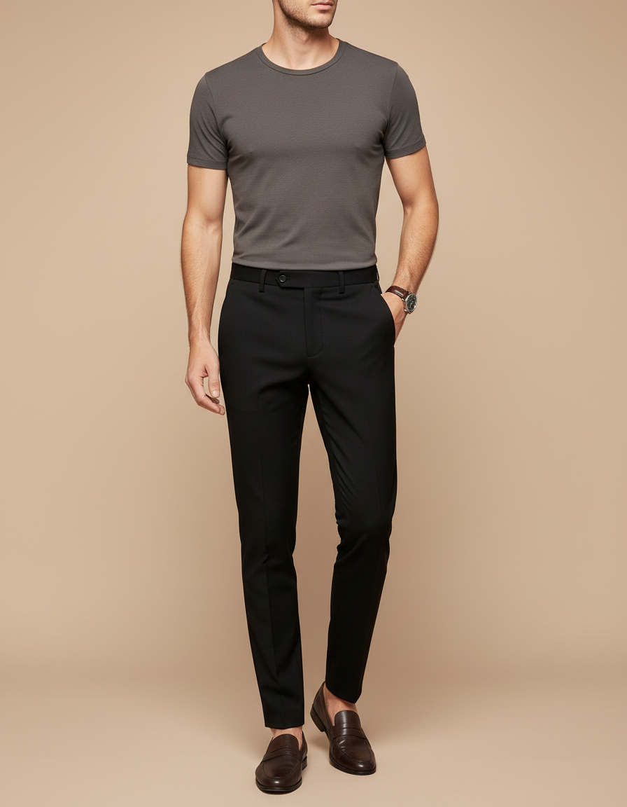 Pantalon Noir Homme Élégant Ajusté Droit Formel - Polyester