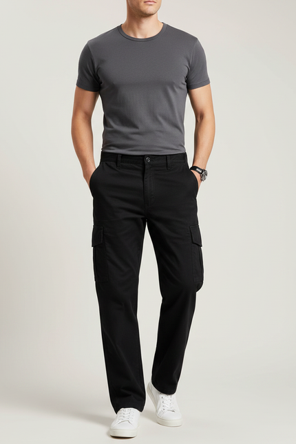Pantalon Noir Cargo Coton Ample Décontracté Homme